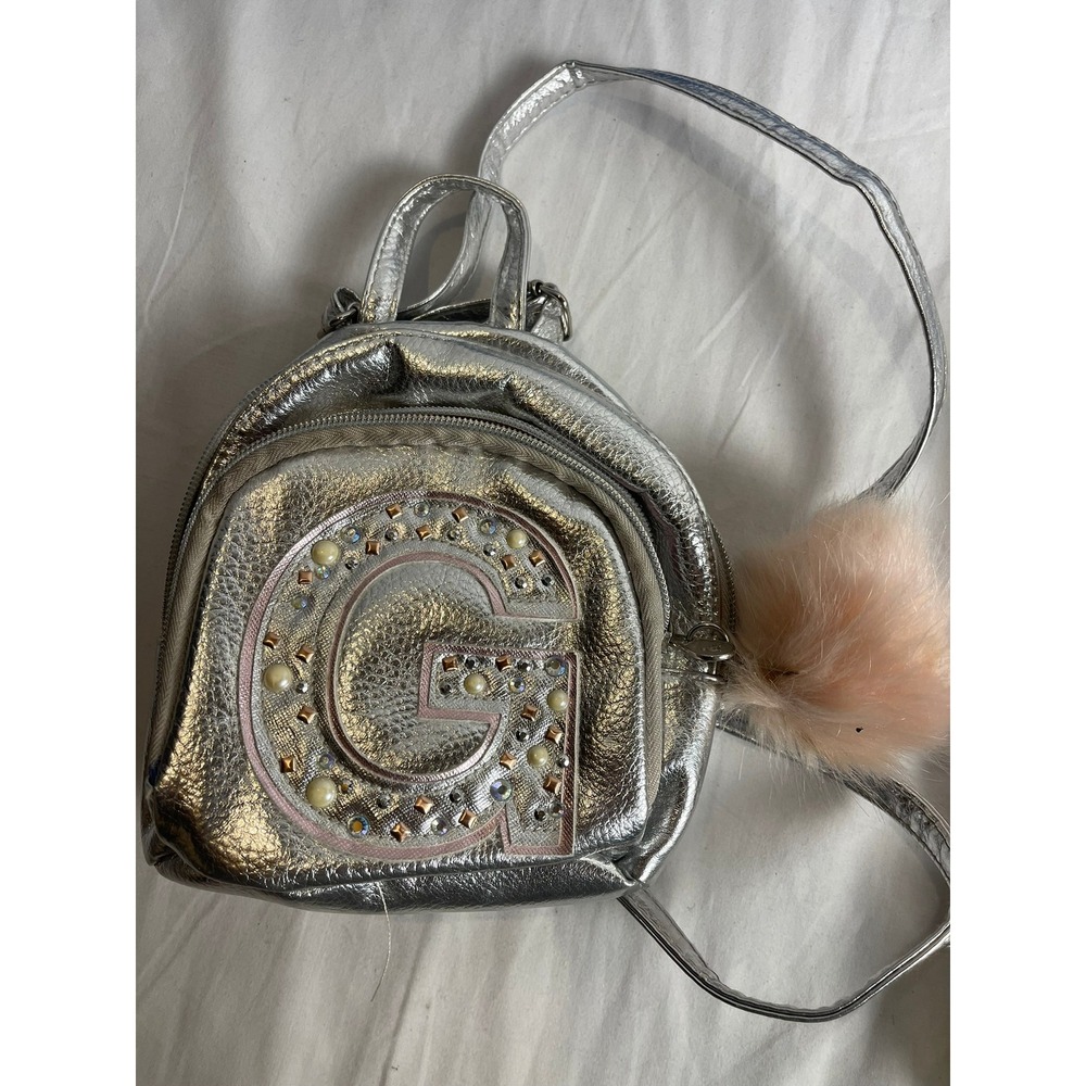 Justice Girls Silver Metallic Mini Backpack Embellished Initial G Pom Pom Charm